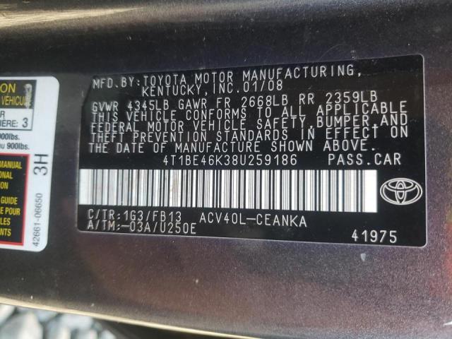 4T1BE46K38U259186 - 2008 TOYOTA CAMRY CE GRAY photo 10