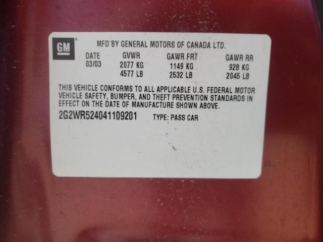 2G2WR524041109201 - 2004 PONTIAC GRAND PRIX BURGUNDY photo 10