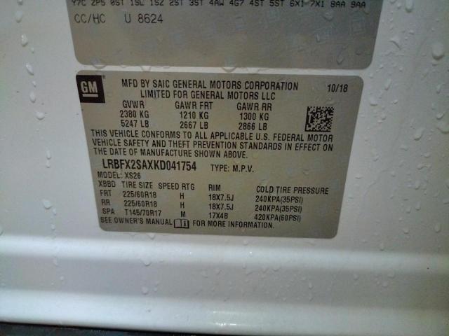 LRBFX2SAXKD041754 - 2019 BUICK ENVISION E WHITE photo 10