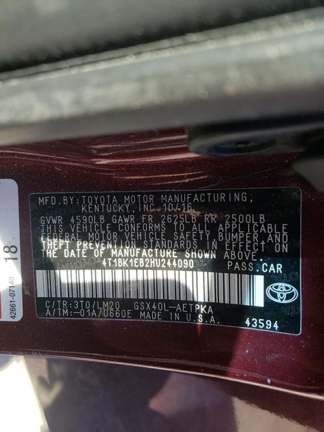 4T1BK1EB2HU244090 - 2017 TOYOTA AVALON XLE BURGUNDY photo 10