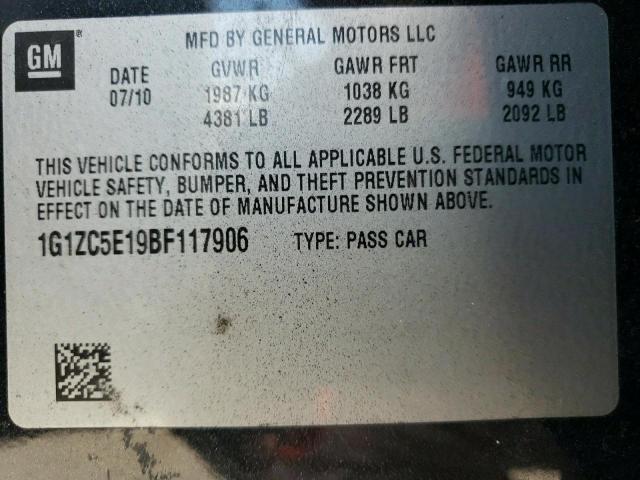 1G1ZC5E19BF117906 - 2011 CHEVROLET MALIBU 1LT შავი ფოტო 10