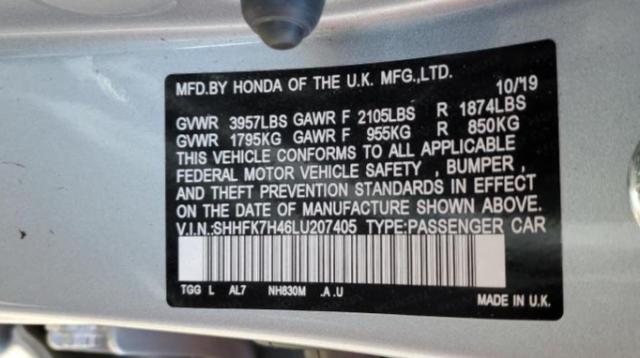 SHHFK7H46LU207405 - 2020 HONDA CIVIC SPOR SILVER photo 10