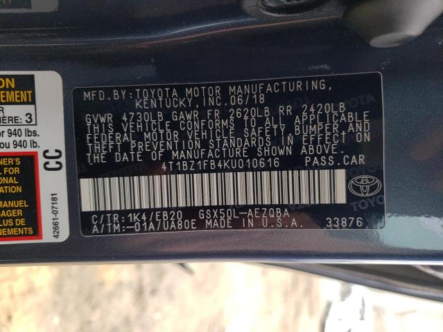 4T1BZ1FB4KU010616 - 2019 TOYOTA AVALON XLE BLUE photo 10