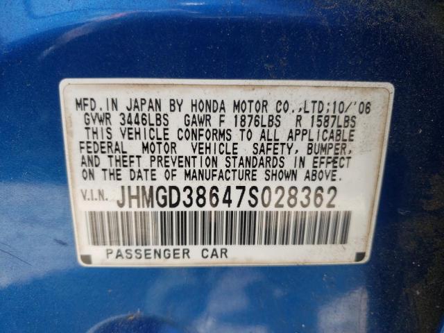 JHMGD38647S028362 - 2007 HONDA FIT S BLUE photo 10