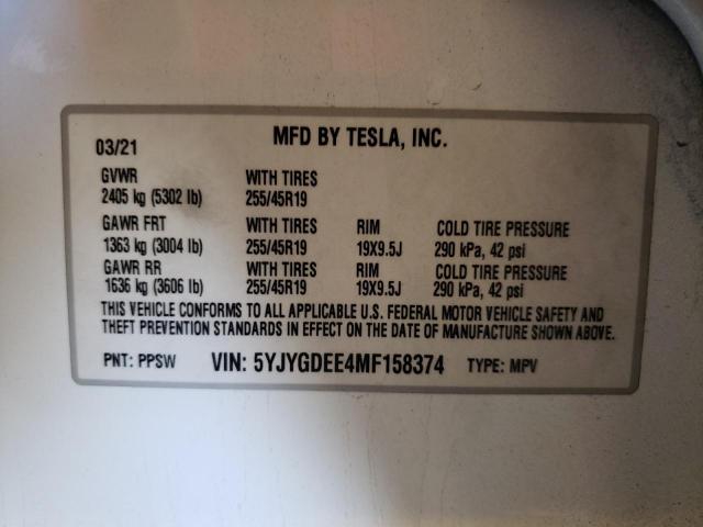 5YJYGDEE4MF158374 - 2021 TESLA MODEL Y Blanc photo 10