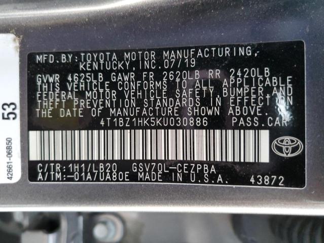 4T1BZ1HK5KU030886 - 2019 TOYOTA CAMRY XSE GRAY photo 10