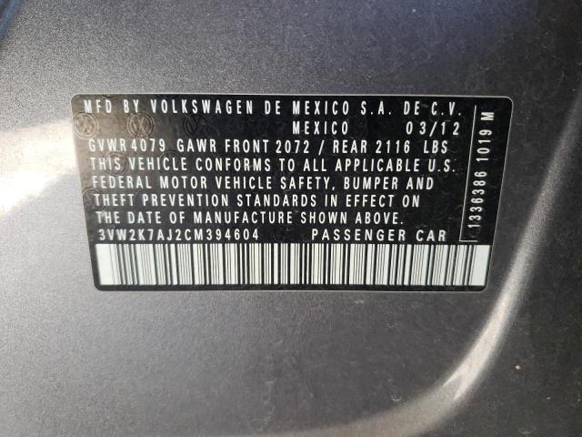 3VW2K7AJ2CM394604 - 2012 VOLKSWAGEN JETTA BASE 灰色 照片 10