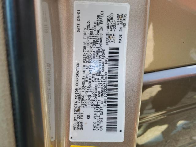 JTJHF10U220239480 - 2002 LEXUS RX 300 GOLD photo 10