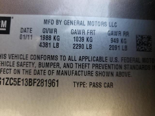 1G1ZC5E13BF281961 - 2011 CHEVROLET MALIBU 1LT 灰色 照片 10