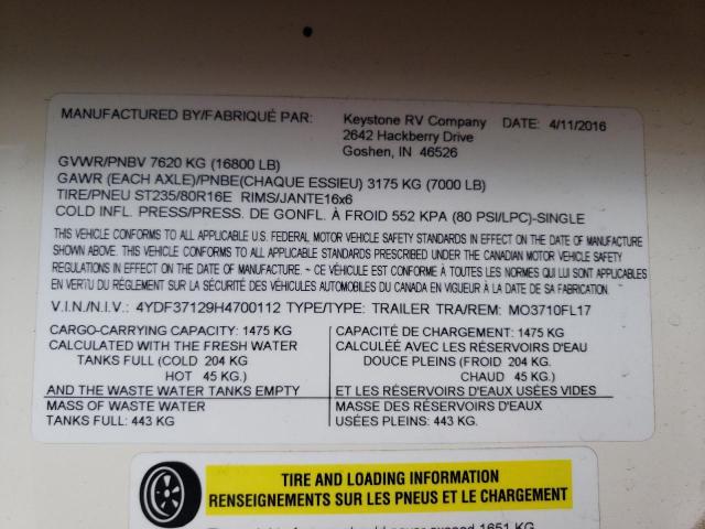 4YDF37129H4700112 - 2017 KEYSTONE MONTANA WHITE photo 10