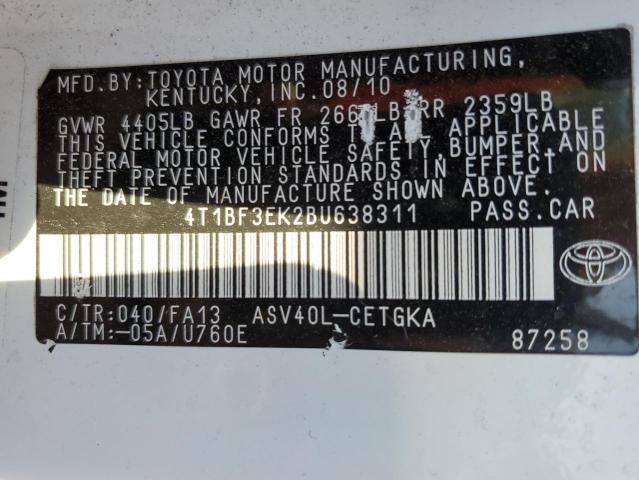 4T1BF3EK2BU638311 - 2011 TOYOTA CAMRY BASE WHITE photo 10