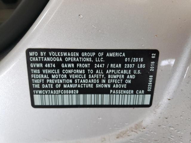 1VWCV7A32FC059829 - 2015 VOLKSWAGEN PASSAT SEL SILVER photo 10