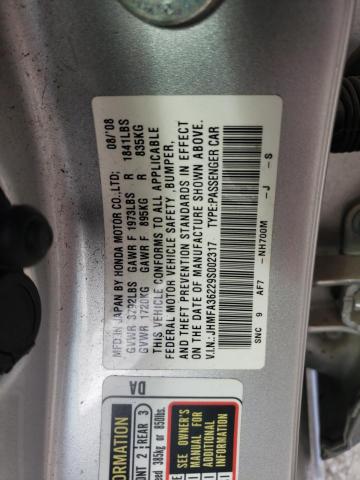 JHMFA36229S002317 - 2009 HONDA CIVIC HYBR SILVER photo 10