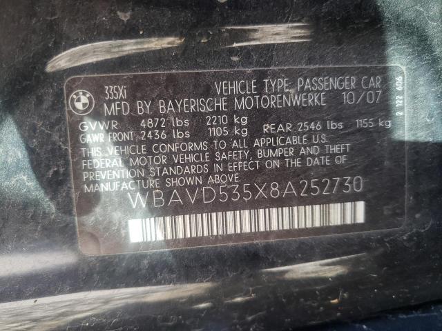 WBAVD535X8A252730 - 2008 BMW 335 XI BLACK photo 10