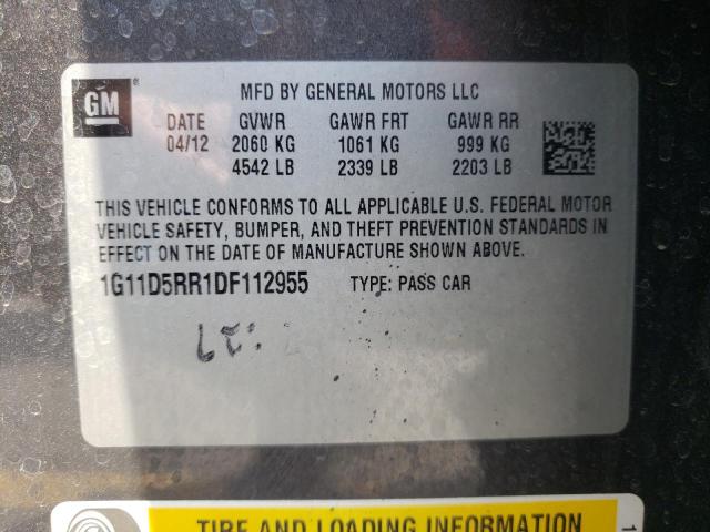 1G11D5RR1DF112955 - 2013 CHEVROLET MALIBU 1LT ნაცრისფერი ფოტო 10