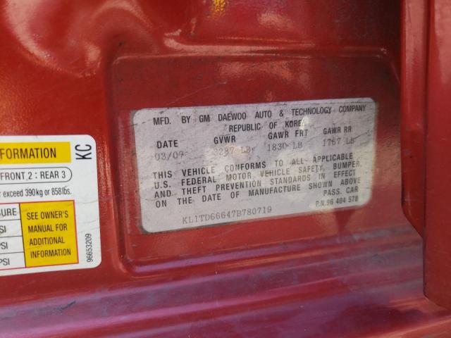 KL1TD66647B780719 - 2007 CHEVROLET AVEO BASE RED photo 10