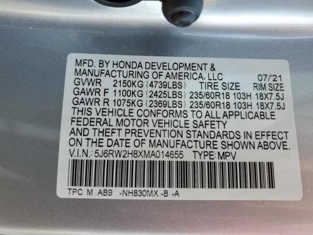 5J6RW2H8XMA014655 - 2021 HONDA CR-V EXL SILVER photo 10