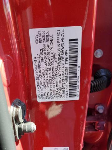 5FNYF7H58NB002954 - 2022 HONDA PASSPORT E 红色 照片 10