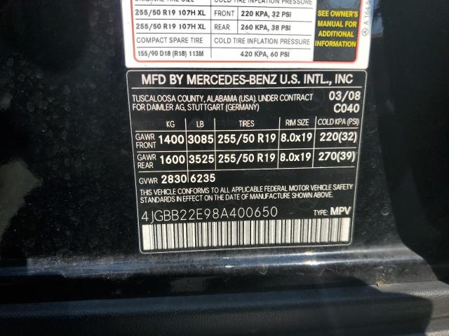 4JGBB22E98A400650 - 2008 MERCEDES-BENZ ML 320 CDI BLACK photo 10