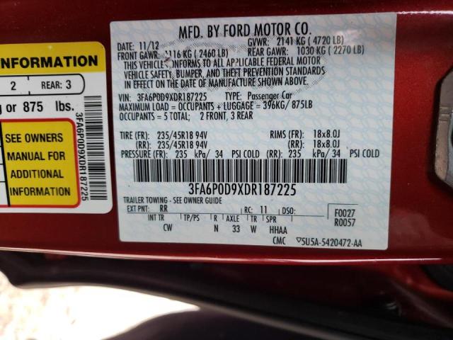 3FA6P0D9XDR187225 - 2013 FORD FUSION TIT RED photo 10