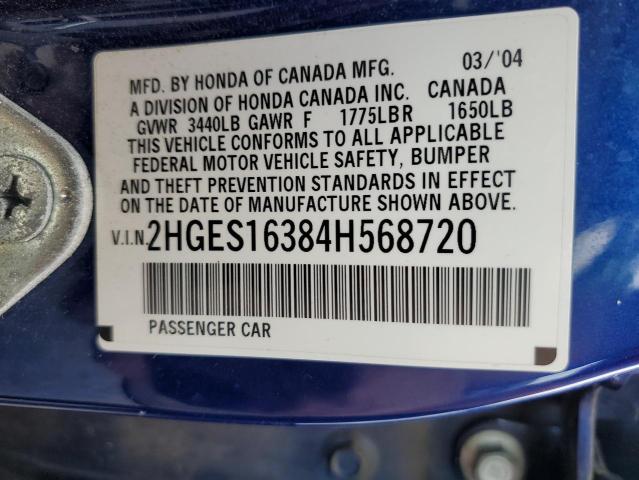 2HGES16384H568720 - 2004 HONDA CIVIC DX V BLUE photo 10