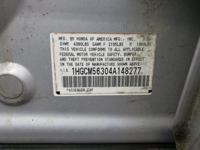 1HGCM56304A148277 - 2004 HONDA ACCORD LX SILVER photo 10