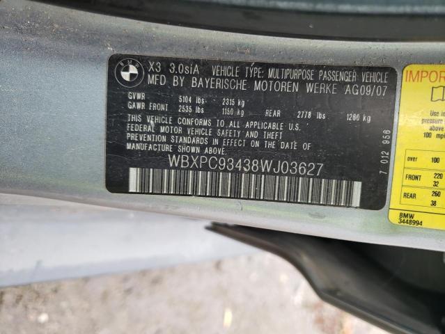 WBXPC93438WJ03627 - 2008 BMW X3 3.0SI GRAY photo 10