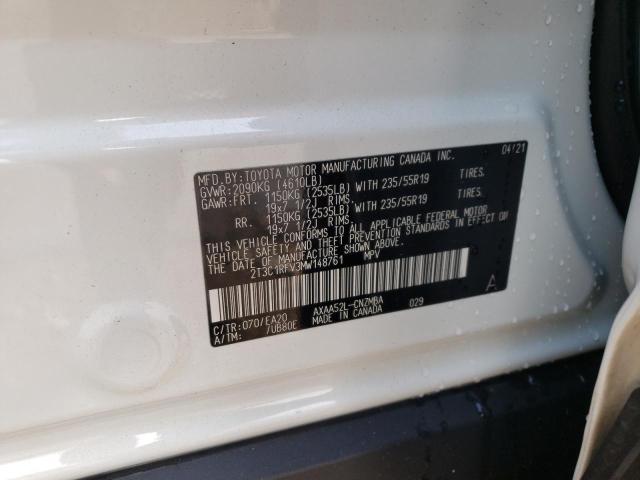 2T3C1RFV3MW148761 - 2021 TOYOTA RAV4 XLE P WHITE photo 10