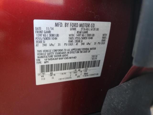 1FM5K8F89FGB38143 - 2015 FORD EXPLORER L BURGUNDY photo 10