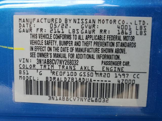 3N1AB8CV7NY268032 - 2022 NISSAN SENTRA SV BLUE photo 10