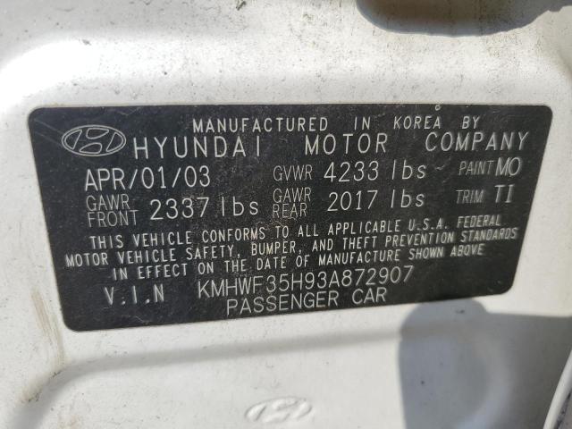 KMHWF35H93A872907 - 2003 HYUNDAI SONATA GLS WHITE photo 10