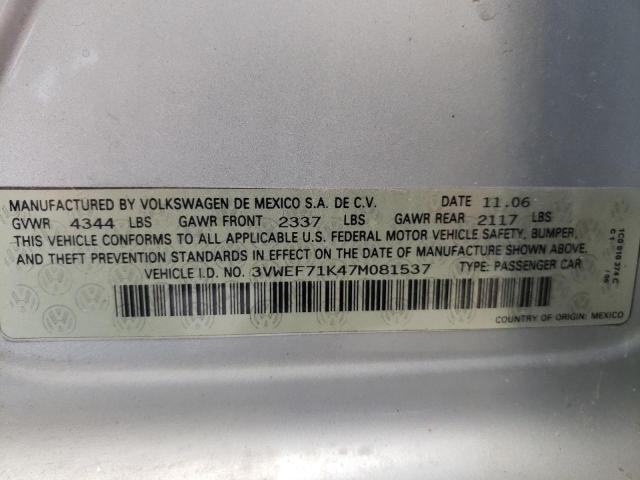 3VWEF71K47M081537 - 2007 VOLKSWAGEN JETTA WOLF 银色 照片 10