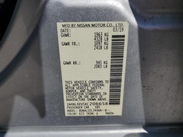 1N4BL4EV5KC206658 - 2019 NISSAN ALTIMA SL SILVER photo 10