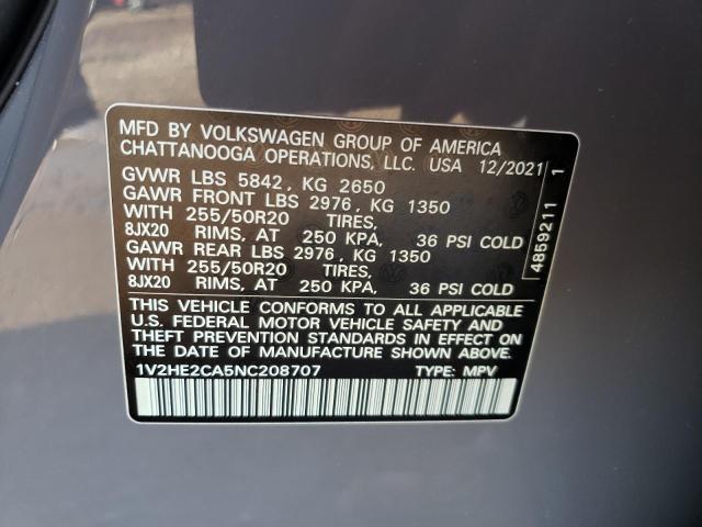 1V2HE2CA5NC208707 - 2022 VOLKSWAGEN ATLAS CROS Մոխրագույն լուսանկար 10