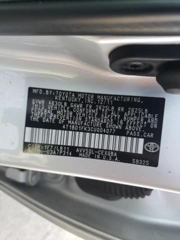 4T1BD1FK3CU004077 - 2012 TOYOTA CAMRY HYBR SILVER photo 10