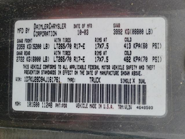 1D7KU28D94J161761 - 2004 DODGE RAM 2500 S GRAY photo 10