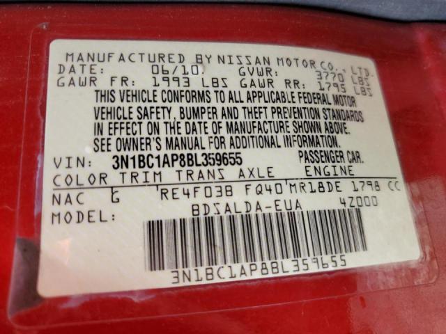 3N1BC1AP8BL359655 - 2011 NISSAN VERSA S RED photo 10