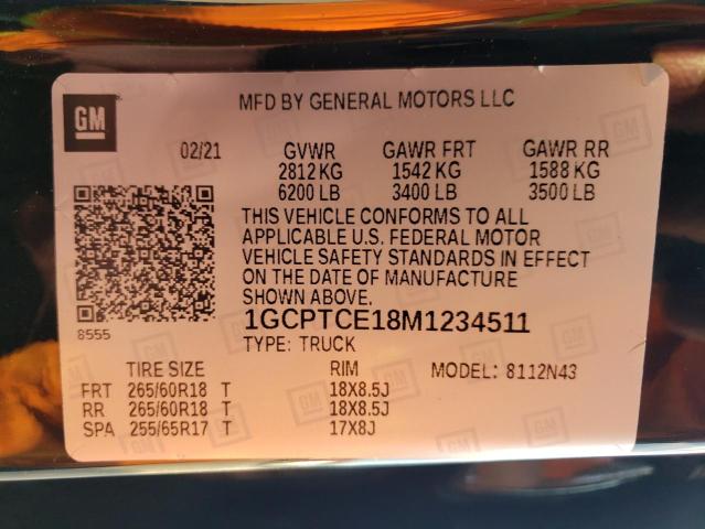 1GCPTCE18M1234511 - 2021 CHEVROLET COLORADO L BLACK photo 10