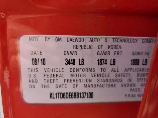 KL1TD6DE6BB137100 - 2011 CHEVROLET AVEO LS 红色 照片 10