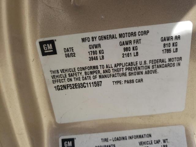 1G2NF52E93C111597 - 2003 PONTIAC GRAND AM S GOLD photo 10