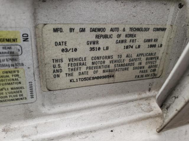 KL1TD5DE9AB098544 - 2010 CHEVROLET AVEO LS 白色 照片 10