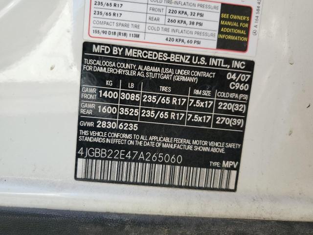 4JGBB22E47A265060 - 2007 MERCEDES-BENZ ML 320 CDI WHITE photo 10