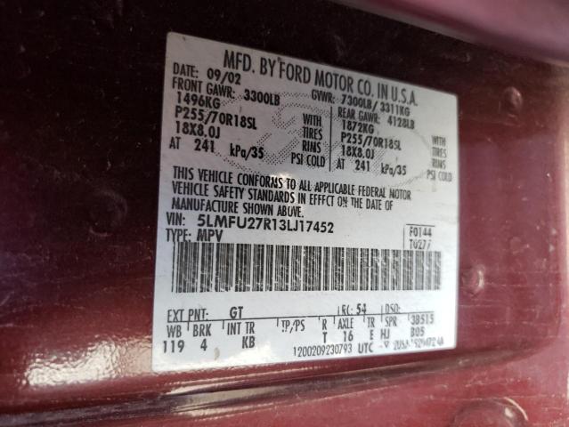 5LMFU27R13LJ17452 - 2003 LINCOLN NAVIGATOR ბურგუნდია ფოტო 10