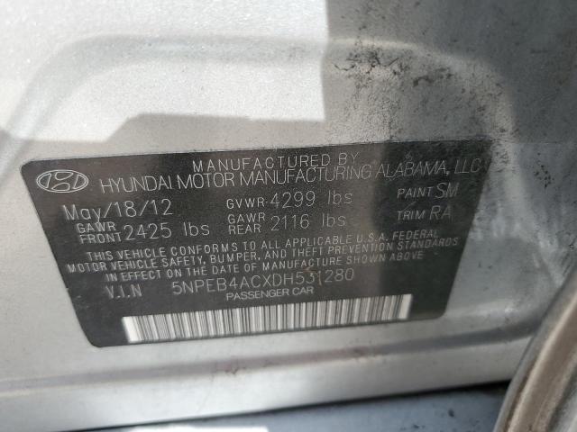 5NPEB4ACXDH531280 - 2013 HYUNDAI SONATA GLS SILVER photo 10