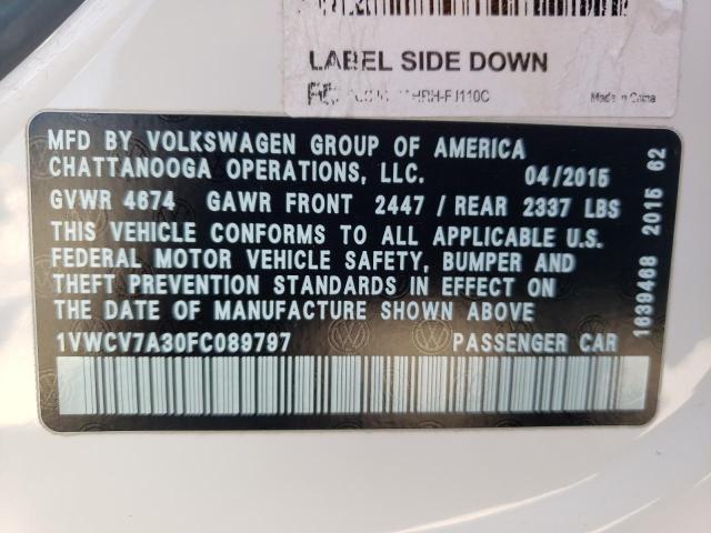 1VWCV7A30FC089797 - 2015 VOLKSWAGEN PASSAT SEL WHITE photo 10