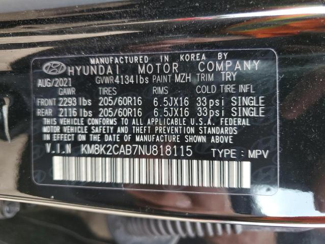 KM8K2CAB7NU818115 - 2022 HYUNDAI KONA BLACK photo 10