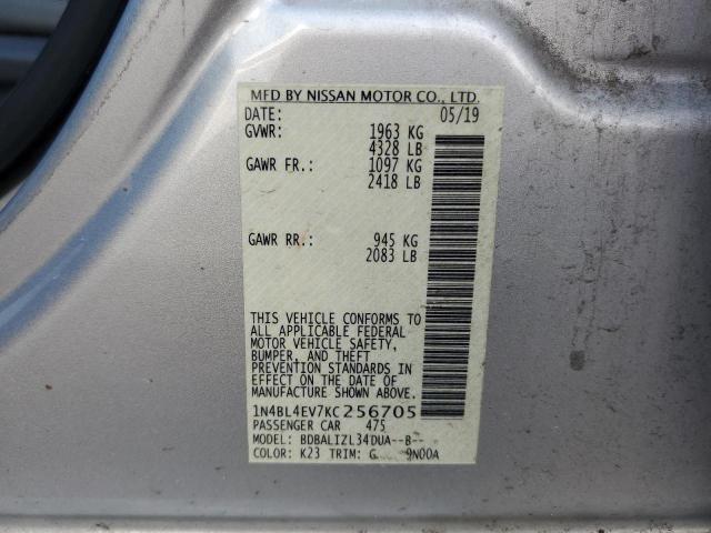 1N4BL4EV7KC256705 - 2019 NISSAN ALTIMA SL SILVER photo 10