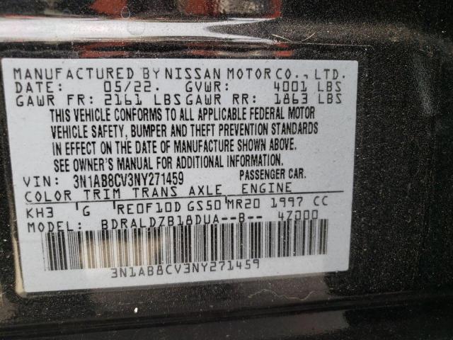 3N1AB8CV3NY271459 - 2022 NISSAN SENTRA SV BLACK photo 10