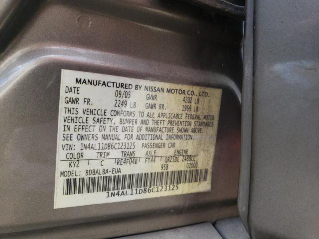 1N4AL11D86C123125 - 2006 NISSAN ALTIMA S SILVER photo 10