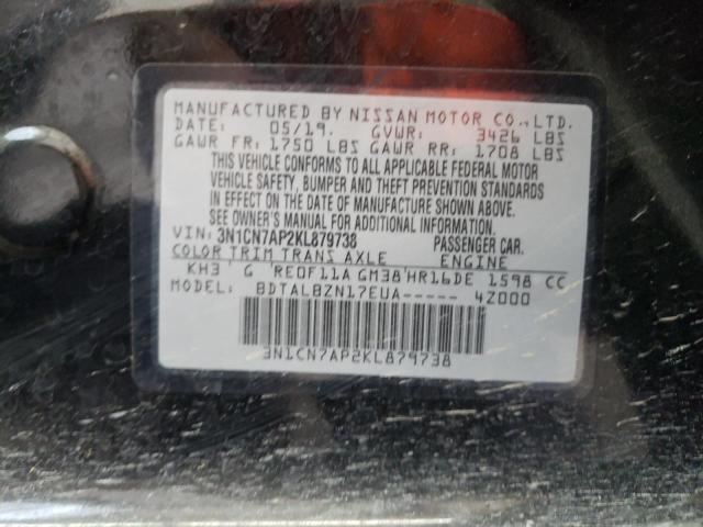 3N1CN7AP2KL879738 - 2019 NISSAN VERSA S BLACK photo 10